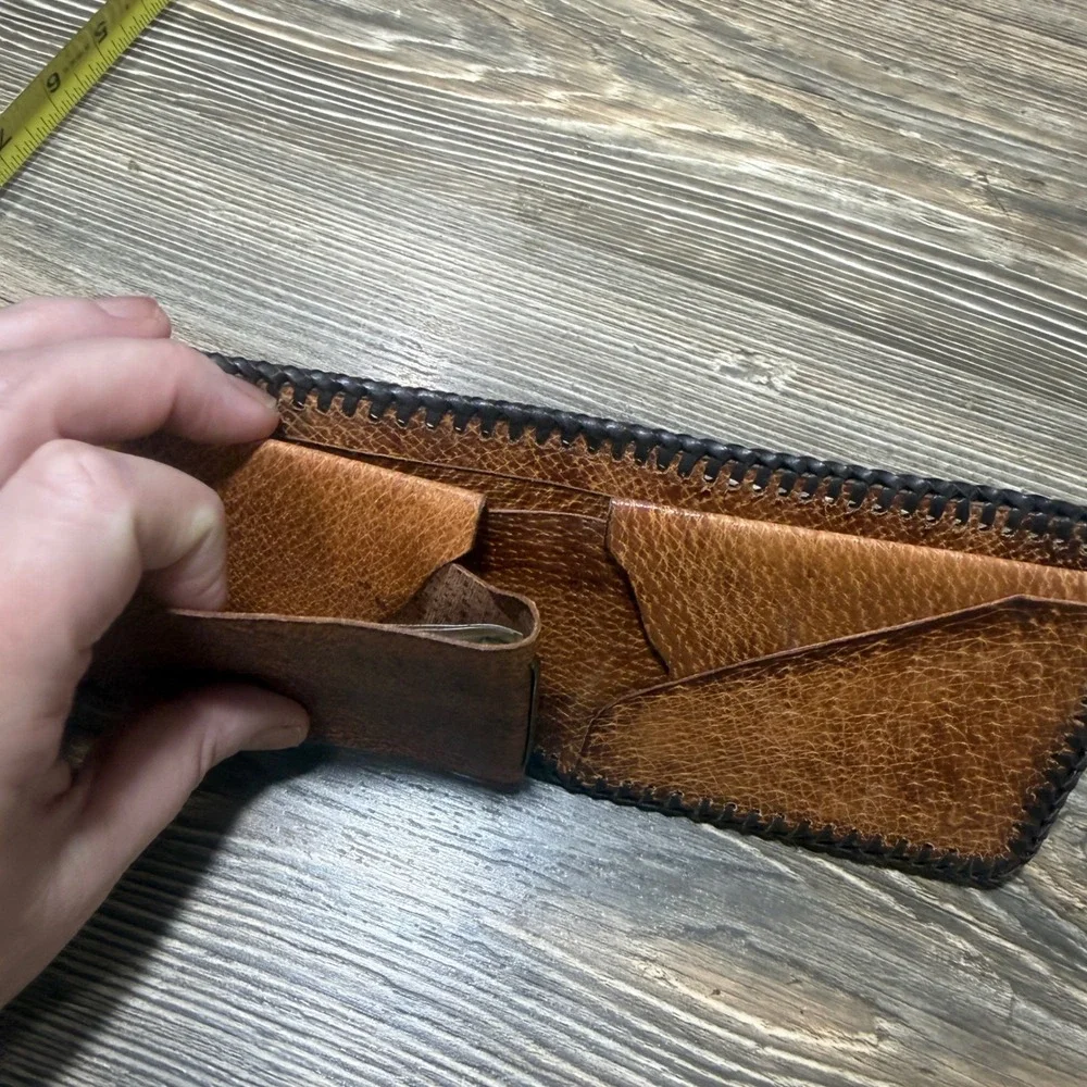 Vintage Hand Tooled Leather Fisherman Bass Wallet Whipstitch Bifold BrownWestern